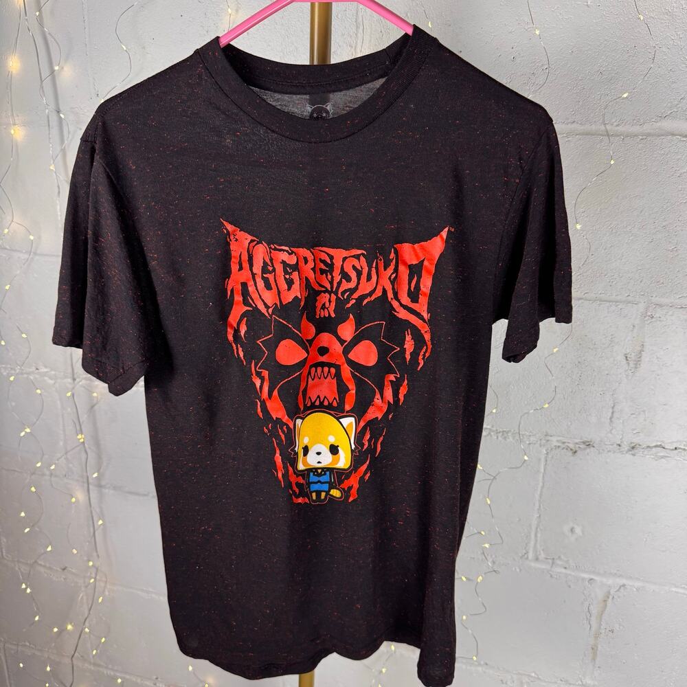 aggretsuko sanrio death metal graphic t shirt black red speckled anime tee